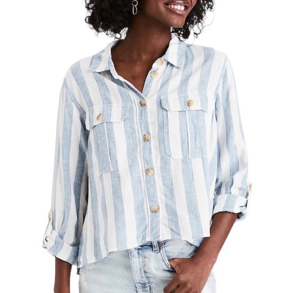 American Eagle Linen Blend Oversized Cropped Top - Picture 1 of 6